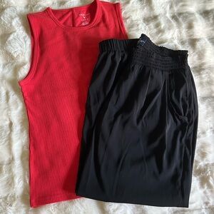 AE Black Beach Pant and Red Plush Tank Top